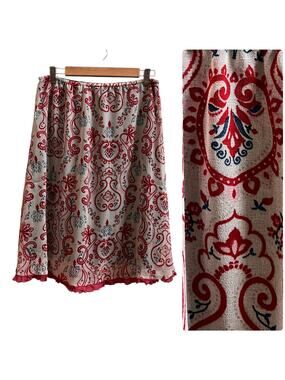 Y2K Boho Paisley Print Ruffle Trim Elastic Waistband Lined Skirt Large Peasant